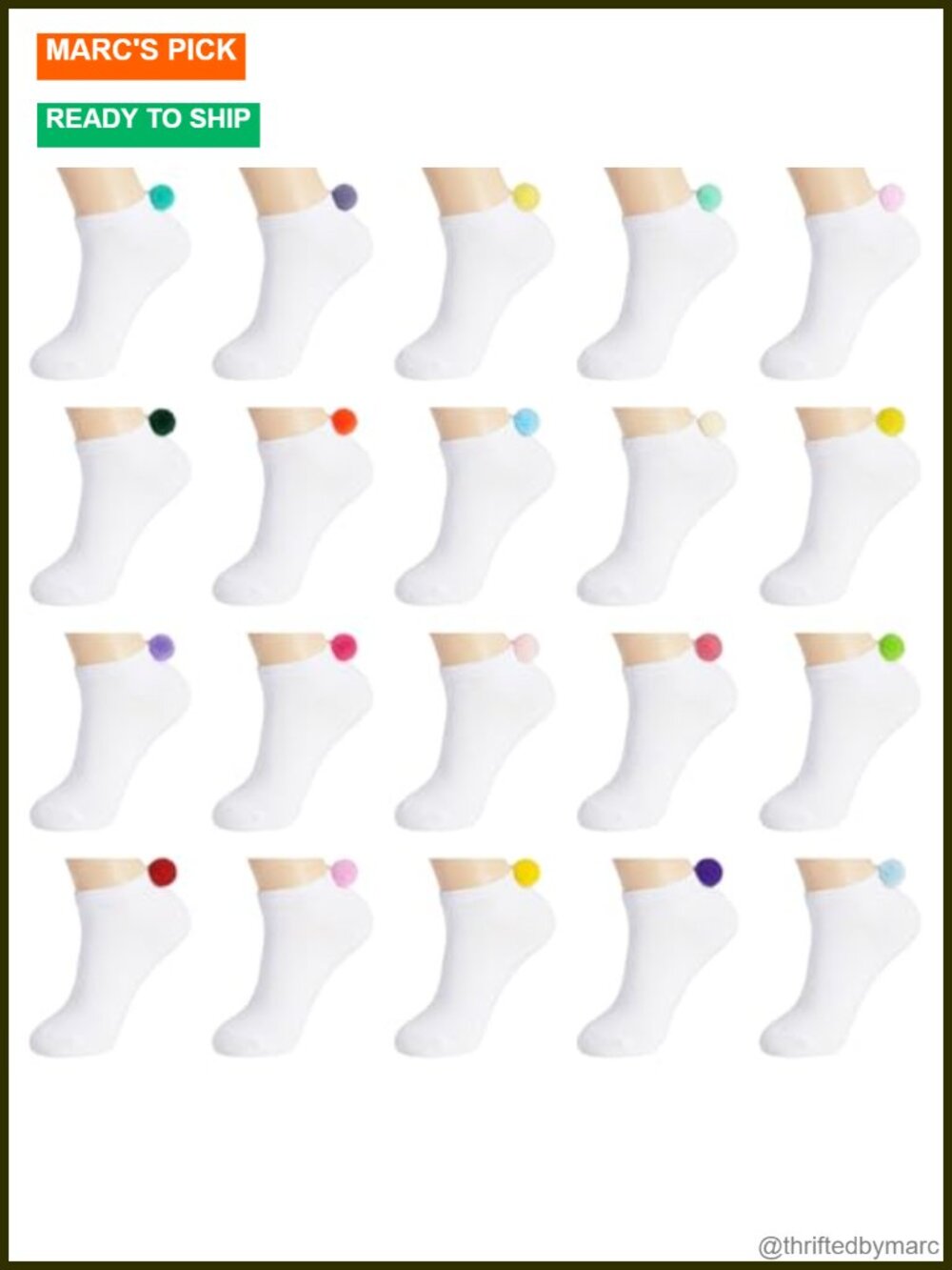 20 Pairs Women Pom Pom Ankle Socks Polyester Cotton Blend Lowcut